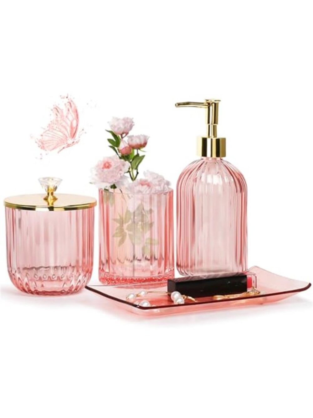 Pink Glass Bathroom Accessories Set Soap Dispenser Toothbrush Holder Vanity Set